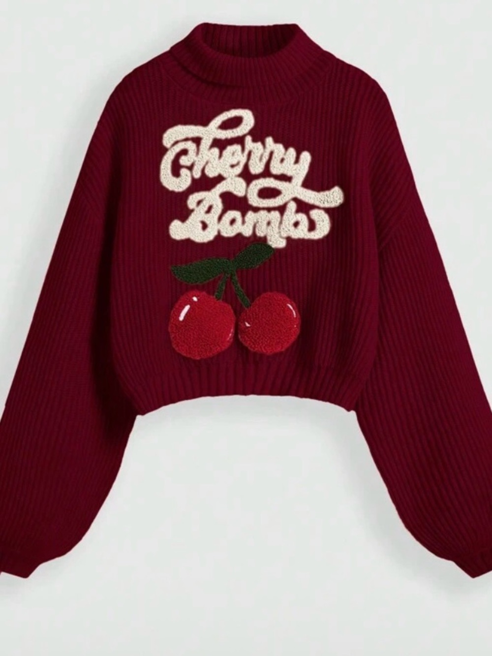 SHEIN Burgundy Cropped 'Cherry Bomb' Knit Sweater